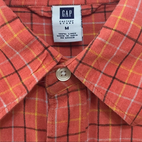 Gap Factory Orange Red Linen Plaid Long Sleeve M - Picture 3 of 5
